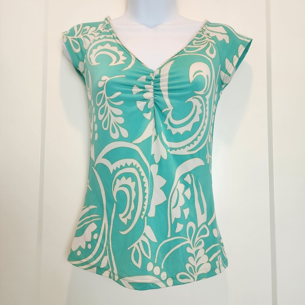 Y2K Turquoise Retro Abstract Print Ruched V-Neck Cap Sleeve Top‎ Boho Beach S/M